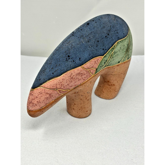 Vtg Native American Guardian Bear Hand Painted Pottery Southwestern Gold Inlay - Picture 3 of 5
